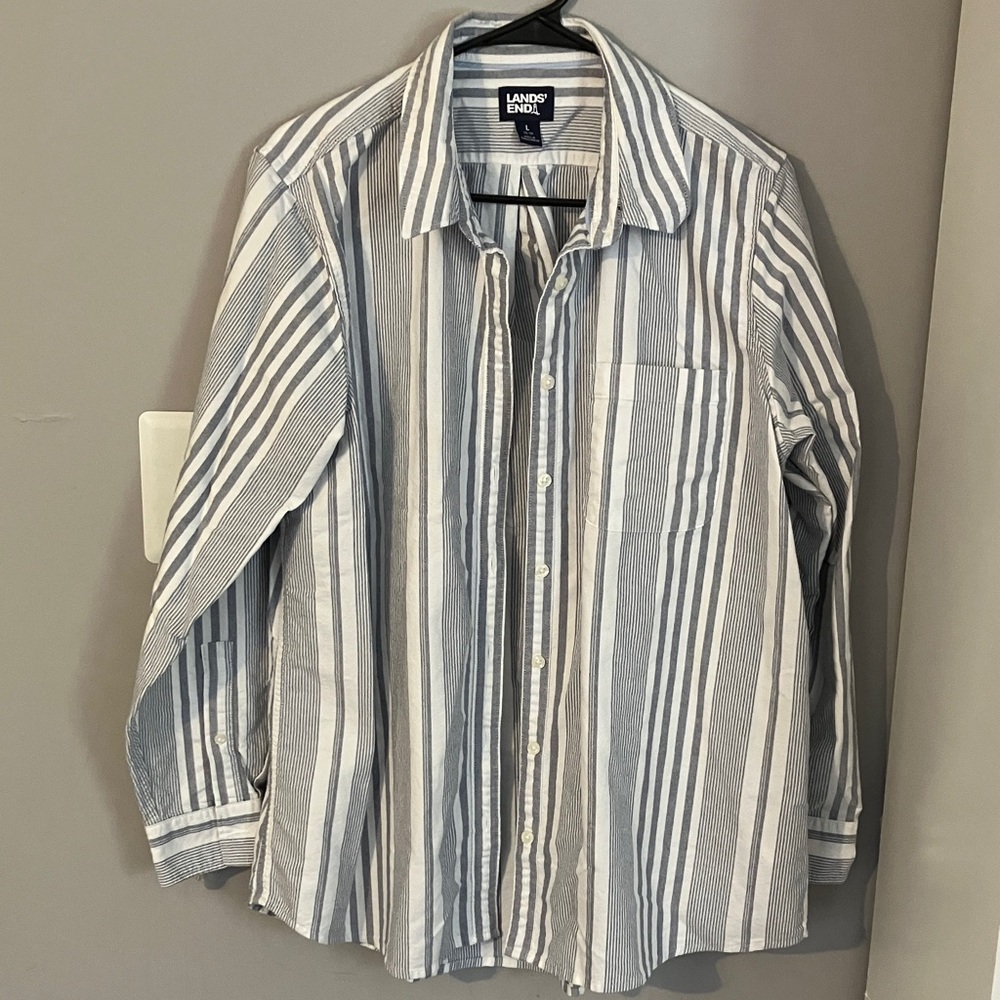Lands' End Men's Blue Striped Shirt Size 14-16